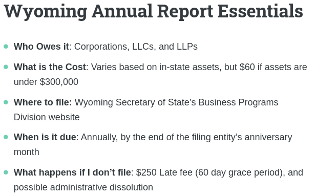 Wyoming annual report essentials: info on pricing, due dates, penalties, and filing. It's the who, what, when, where, and how of Wyoming annual reports