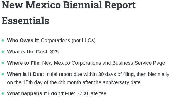 New Mexico Biennial Report facts: Who owes it, what it costs, where to file, when to file, penalties for not filing.