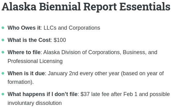 Alaska biennial report essentials: info on pricing, due dates, penalties, and filing. It's the who, what, when, where, and how of Alaska biennial reports