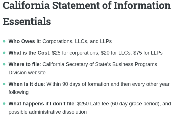 California Statement of Information essentials: info on pricing, due dates, penalties, and filing. It's the who, what, when, where, and how of California Initial Reports.