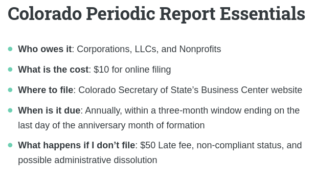 Colorado annual report essentials: info on pricing, due dates, penalties, and filing. It's the who, what, when, where, and how of Colorado annual reports