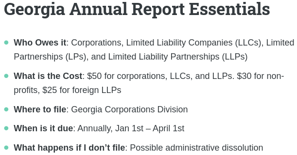 Georgia annual report essentials: info on pricing, due dates, penalties, and filing. It's the who, what, when, where, and how of Georgia annual reports