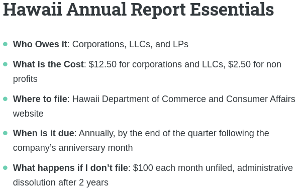 Hawaii annual report essentials: info on pricing, due dates, penalties, and filing. It's the who, what, when, where, and how of Hawaii annual reports
