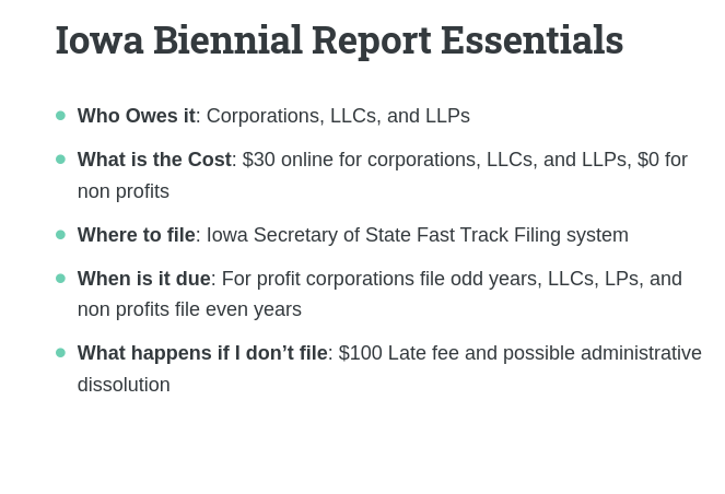Iowa Biennial report essentials: info on pricing, due dates, penalties, and filing. It's the who, what, when, where, and how of Iowa biennial reports